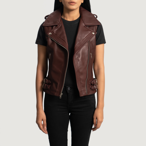 Womens Real Leather Rhonda Maroon Leather Biker Vest - JH0075