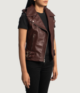 Womens Real Leather Rhonda Maroon Leather Biker Vest - JH0075