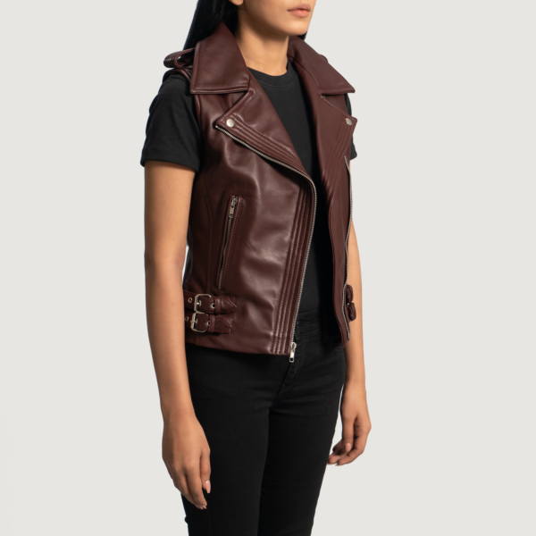 Womens Real Leather Rhonda Maroon Leather Biker Vest - JH0075