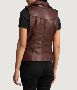 Womens Real Leather Rhonda Maroon Leather Biker Vest - JH0075