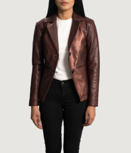 Womens Sheepskin Leather Ruby Metallic Maroon Leather Blazer - JH0076