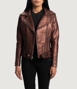 Womens Sheepskin Leather Rumy Maroon Leather Biker Jacket - JH0077