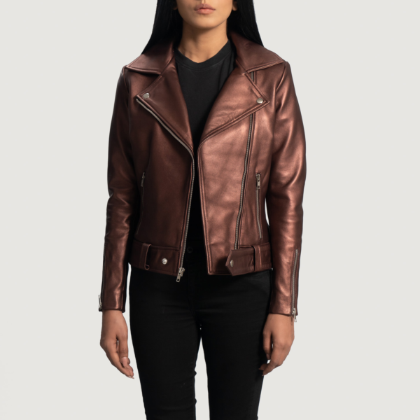 Womens Sheepskin Leather Rumy Maroon Leather Biker Jacket - JH0077