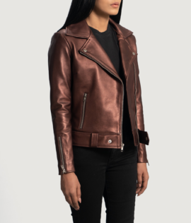 Womens Sheepskin Leather Rumy Maroon Leather Biker Jacket - JH0077