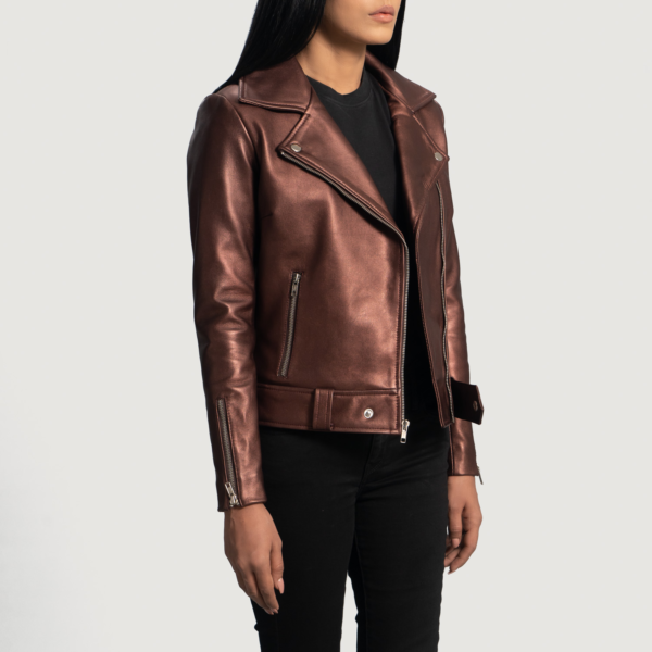 Womens Sheepskin Leather Rumy Maroon Leather Biker Jacket - JH0077