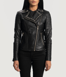 Womens Sally Mae Studded Black Leather Biker Jacket - JH0069