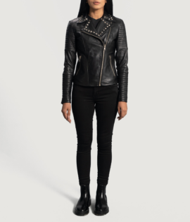 Womens Sally Mae Studded Black Leather Biker Jacket - JH0069