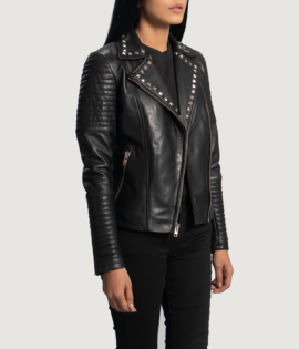 Womens Sally Mae Studded Black Leather Biker Jacket - JH0069