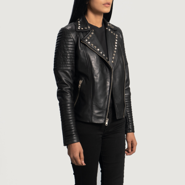 Womens Sally Mae Studded Black Leather Biker Jacket - JH0069
