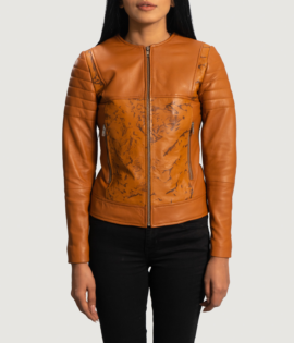 Womens Sheepskin Leather Sandy Tan Dye Leather Biker Jacket - JH0085