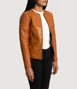 Womens Sheepskin Leather Sandy Tan Dye Leather Biker Jacket - JH0085