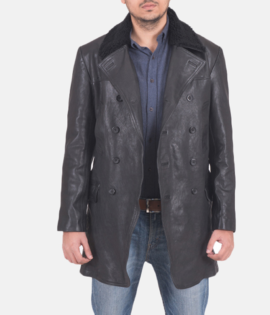 Mens Real Cowhide Leather Pierce Shearling Black Leather Jacket - JH0111