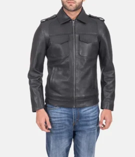 Mens Real Calfskin Leather Sergeant Black Leather Jacket - JH0128
