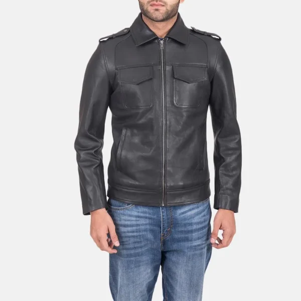 Mens Real Calfskin Leather Sergeant Black Leather Jacket - JH0128