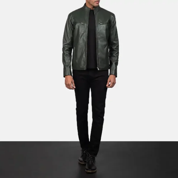 Mens Real Sheepskin Leather Ionic Green Leather Biker Jacket - JH0118