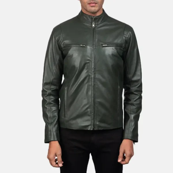 Mens Real Sheepskin Leather Ionic Green Leather Biker Jacket - JH0118