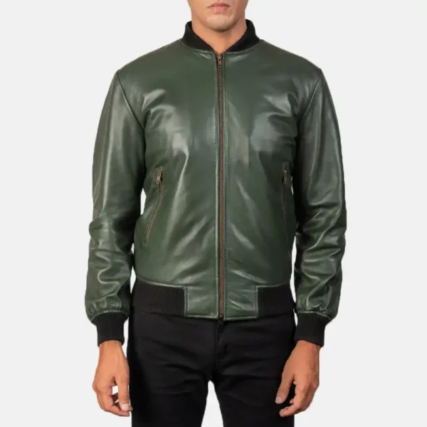 Mens Real Sheepskin Leather Shane Green Leather Bomber Jacket - JH0120