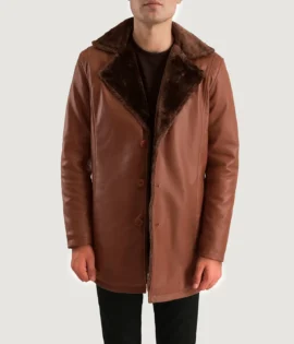 Mens Real Sheepskin Leather Cinnamon Brown Leather Fur Coat - JH0121