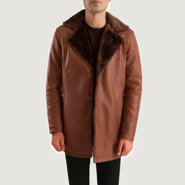 Mens Real Sheepskin Leather Cinnamon Brown Leather Fur Coat - JH0121