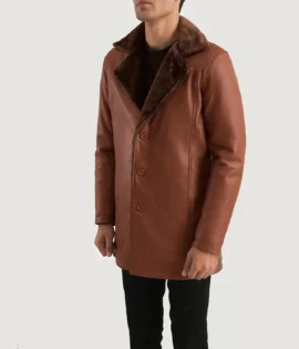 Mens Real Sheepskin Leather Cinnamon Brown Leather Fur Coat - JH0121