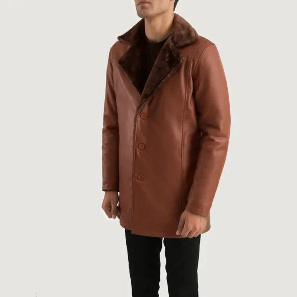 Mens Real Sheepskin Leather Cinnamon Brown Leather Fur Coat - JH0121
