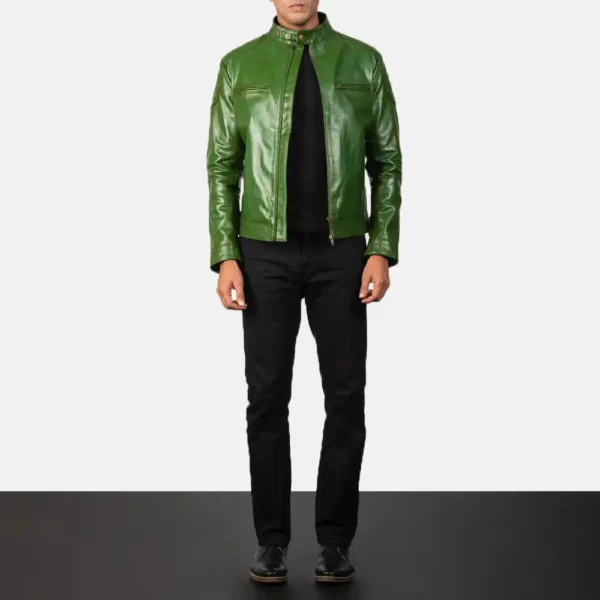 Mens Real Sheepskin Leather Gatsby Green Leather Biker Jacket - JH0119