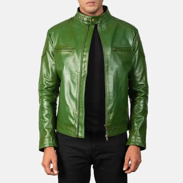 Mens Real Sheepskin Leather Gatsby Green Leather Biker Jacket - JH0119