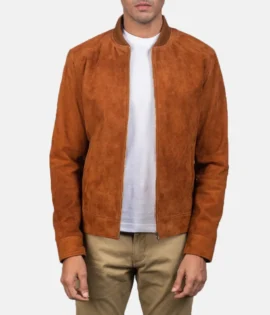 Mens Real Goatskin Leather Blain Brown Suede Bomber Jacket - JH0142