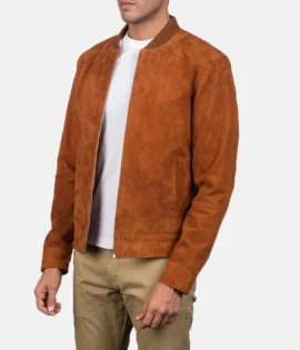 Mens Real Goatskin Leather Blain Brown Suede Bomber Jacket - JH0142