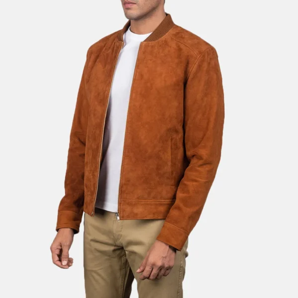 Mens Real Goatskin Leather Blain Brown Suede Bomber Jacket - JH0142