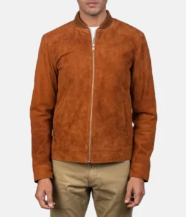 Mens Real Goatskin Leather Blain Brown Suede Bomber Jacket - JH0142