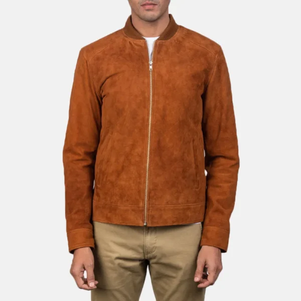 Mens Real Goatskin Leather Blain Brown Suede Bomber Jacket - JH0142