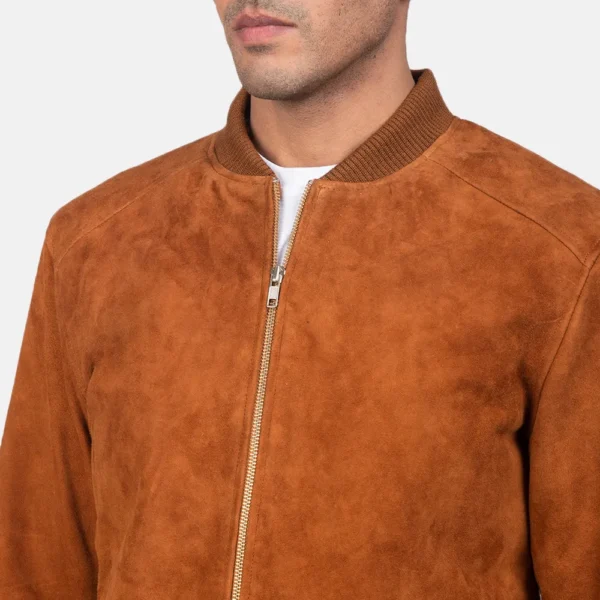 Mens Real Goatskin Leather Blain Brown Suede Bomber Jacket - JH0142