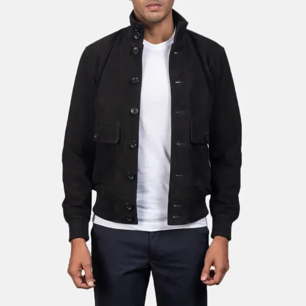 Mens Real Goatskin Leather Eaton Black Suede Bomber Jacket - JH0141