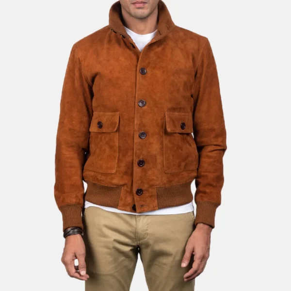 Mens Real Goatskin Leather Eaton Brown Suede Bomber Jacket - JH0140