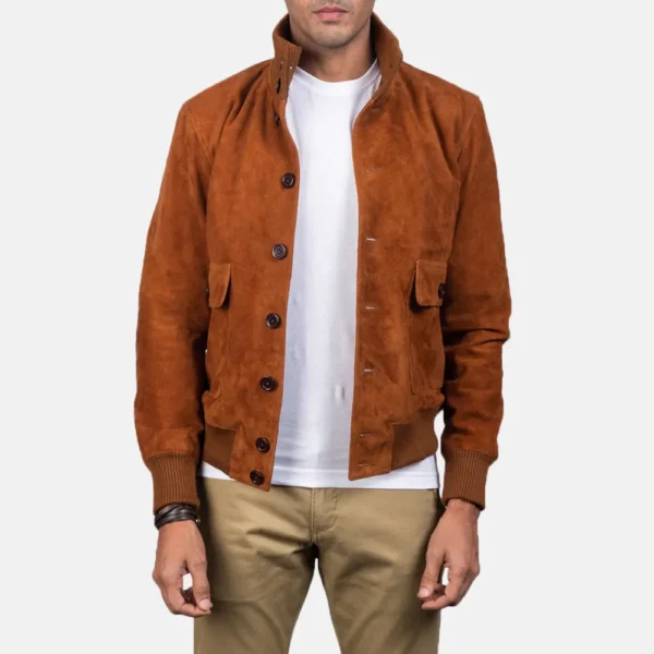 Mens Real Goatskin Leather Eaton Brown Suede Bomber Jacket - JH0140