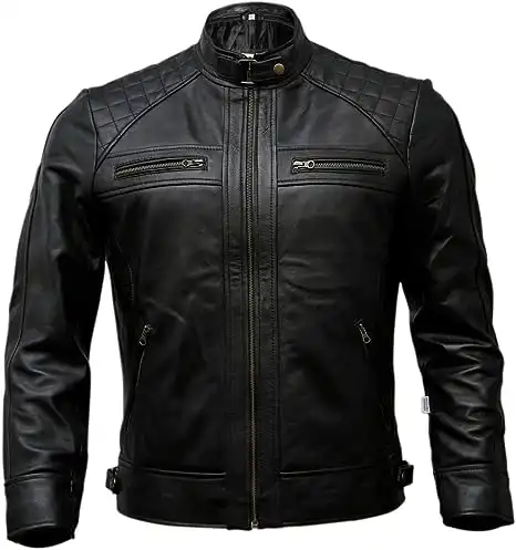 Mens Genuine Leather Biker Jacket Black - Image 2