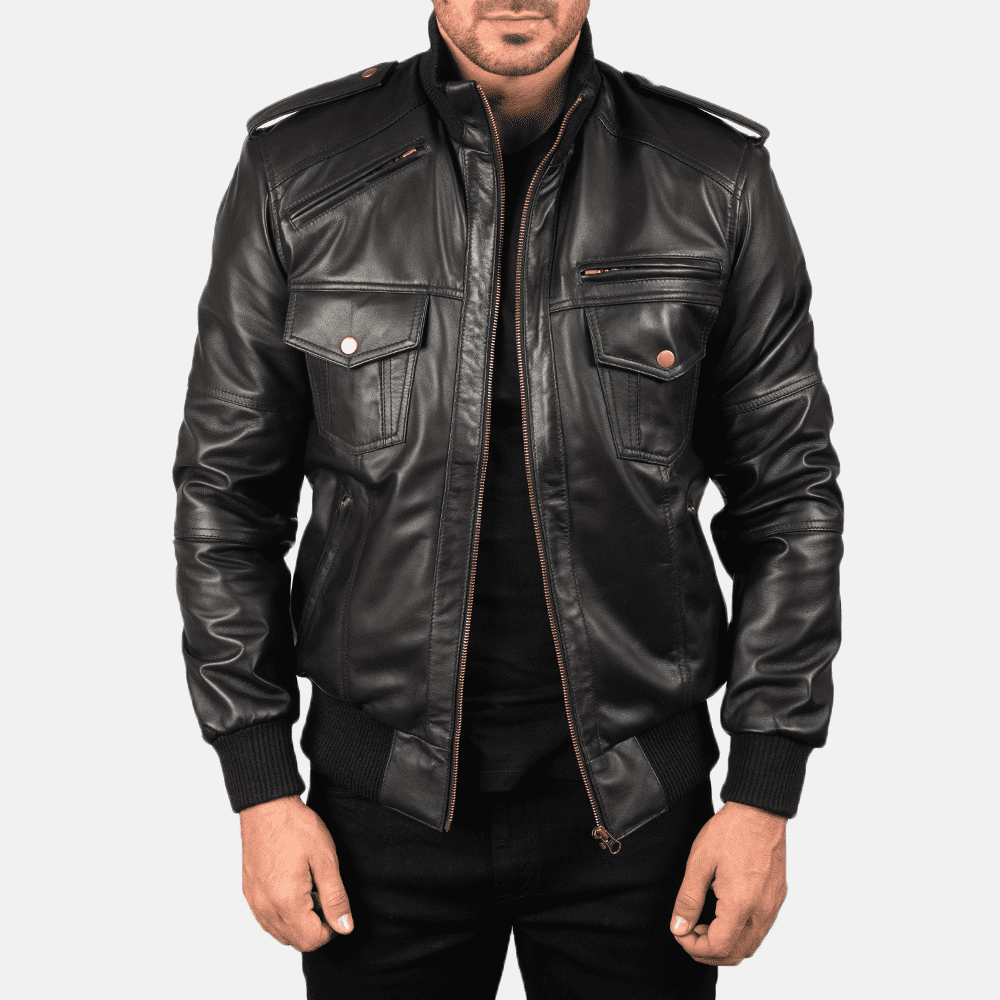 Mens Agent Shadow Black Leather Bomber Jacket - JH0014