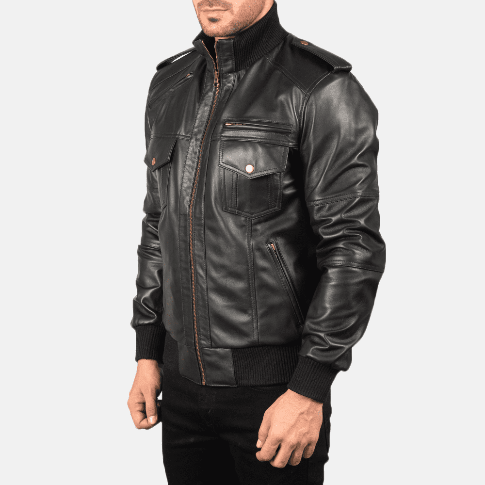 Mens Agent Shadow Black Leather Bomber Jacket - JH0014