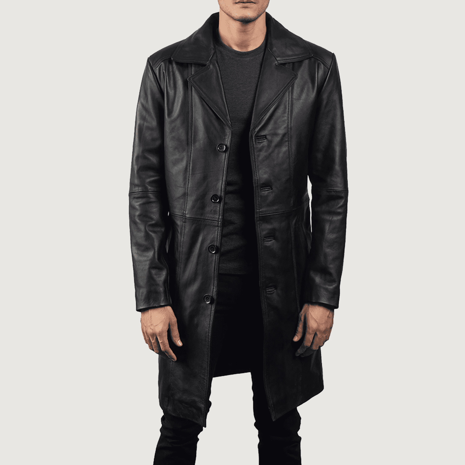 Mens Real Cowhide Leather Don Long Black Coat - JH0018