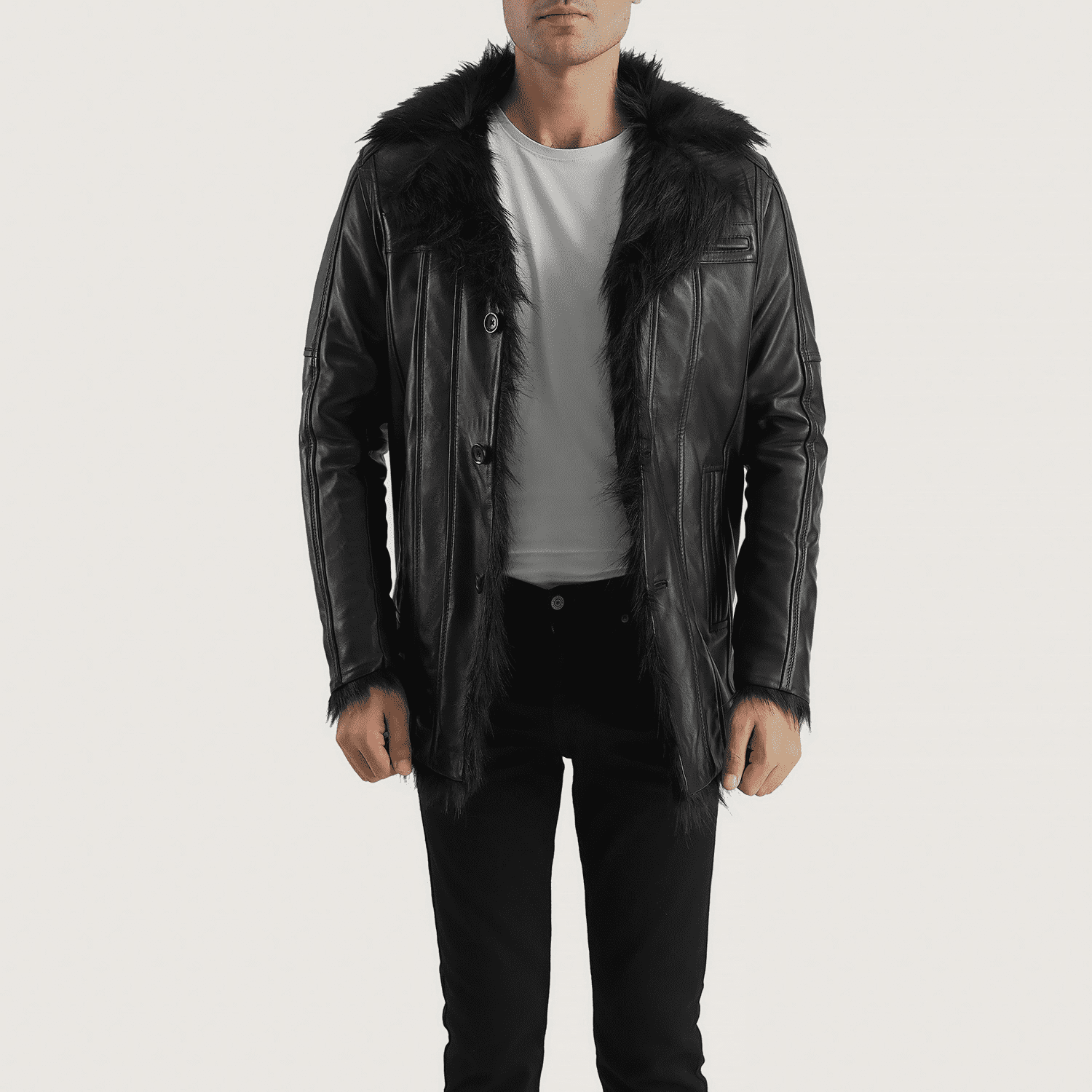 Mens Sheepskin Leather Furcliff Black Leather Coat - JH0040