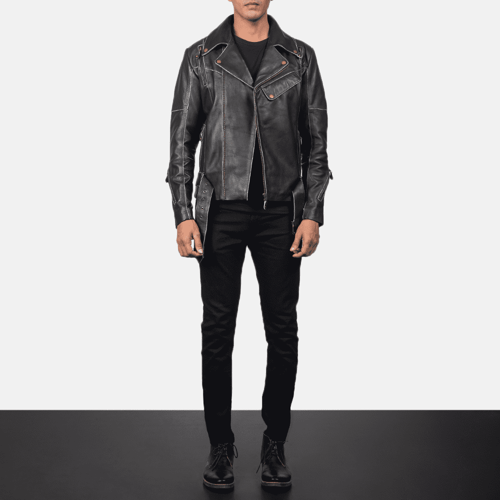 Mens Real Cowhide Leather Classmith Black Leather Coat - JH0011