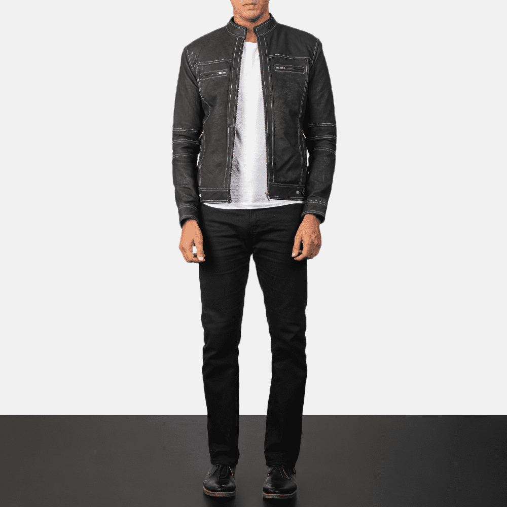 Mens Youngster Distressed Black Leather Jacket - JH0016
