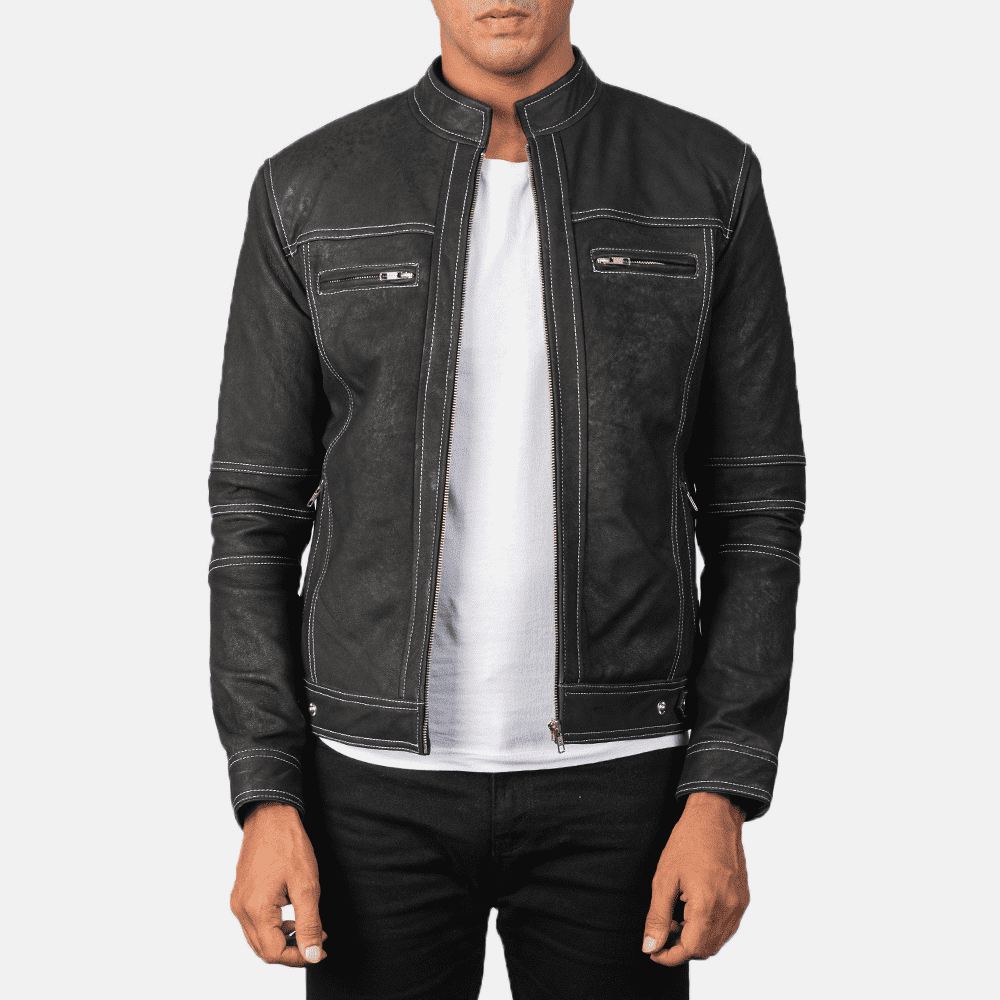Mens Youngster Distressed Black Leather Jacket - JH0016
