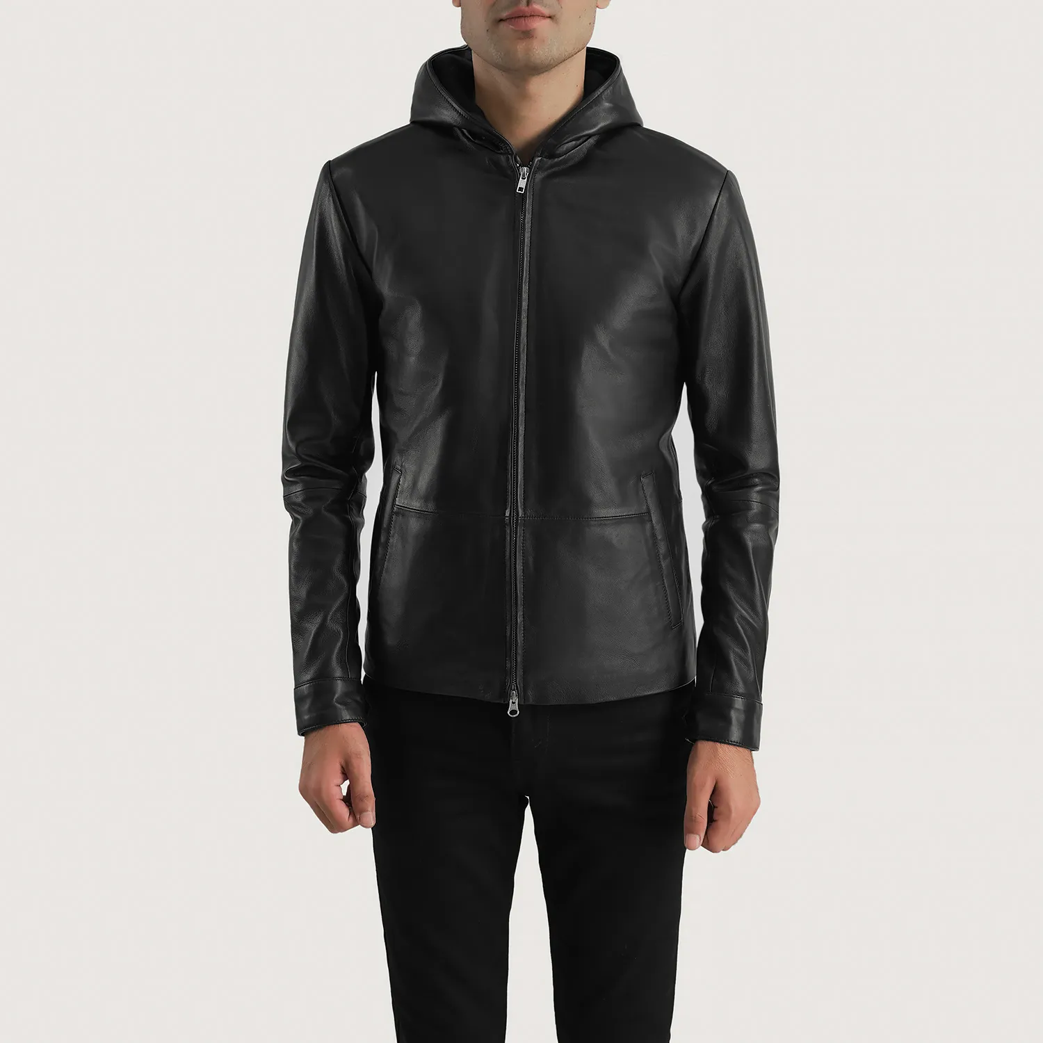 Mens Andy Matte Black Hooded Leather Jacket - JH0132