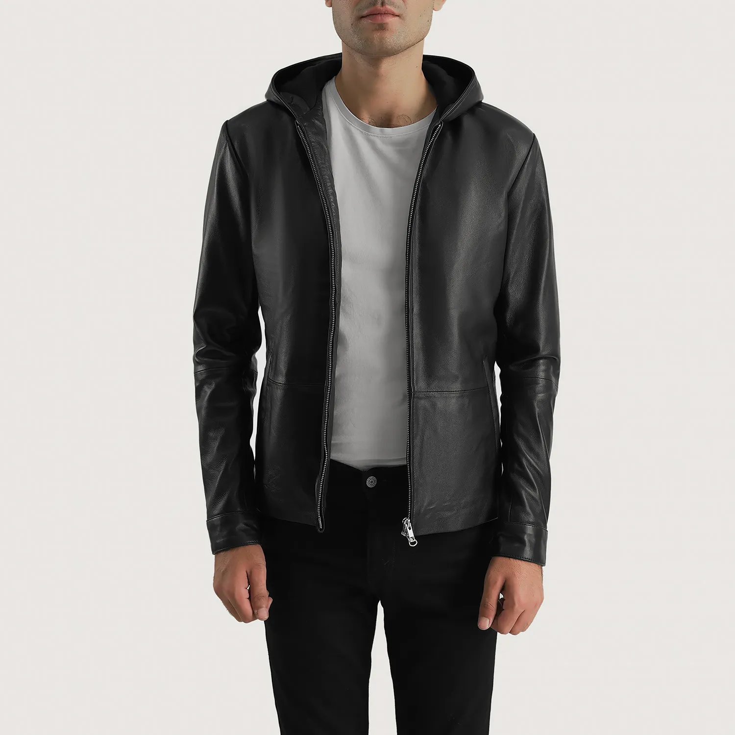 Mens Andy Matte Black Hooded Leather Jacket - JH0132