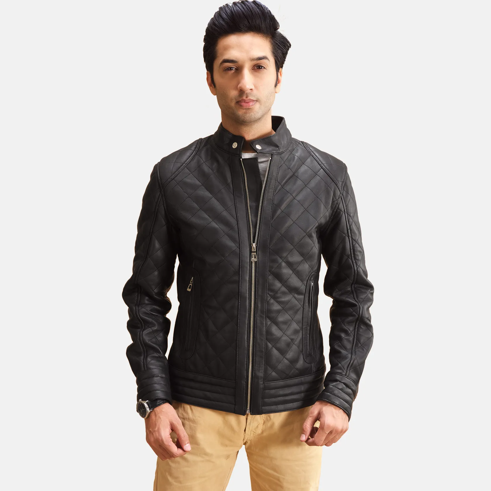 Mens Real Leather Henry Quilted Black Leather Jacket - JH0134