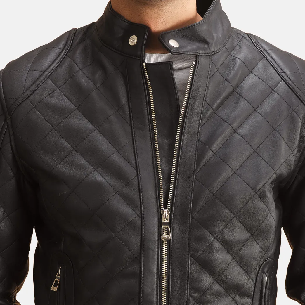 Mens Real Leather Henry Quilted Black Leather Jacket - JH0134