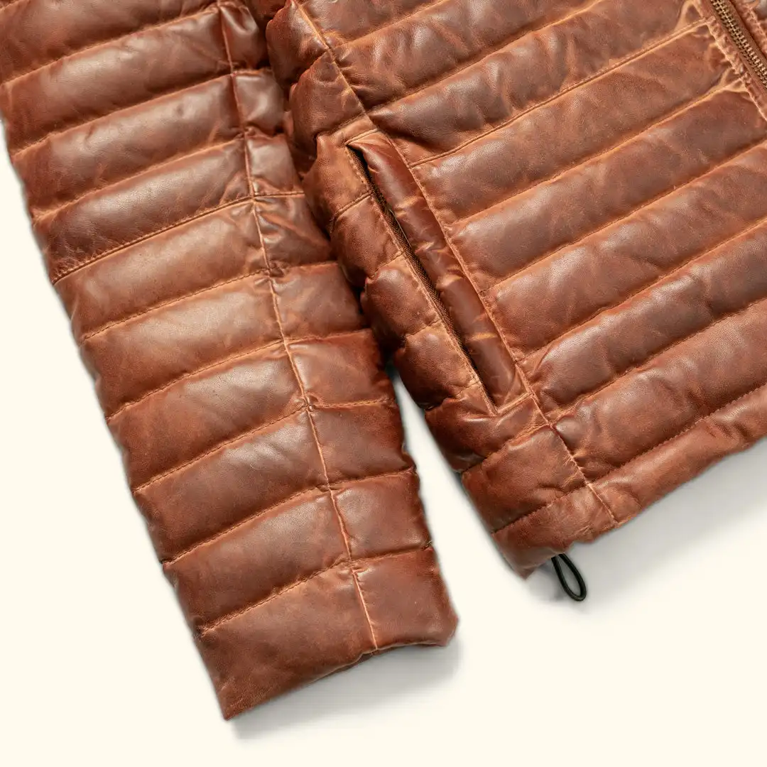 100% Full Grain Lambskin Brown Leather Puffer Jacket