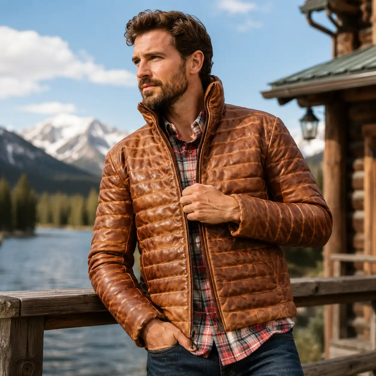 100% Full Grain Lambskin Brown Leather Puffer Jacket